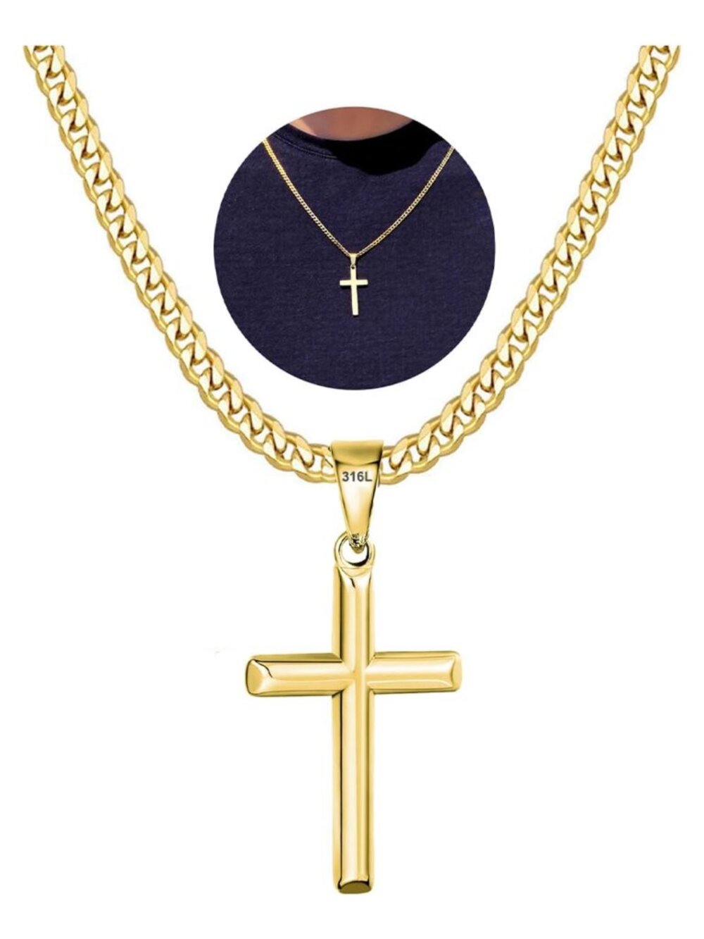 316L Stainless Steel Cross Necklace for Men Sturdy Cuban Chain Pendant